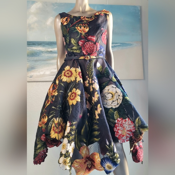 $5,990 OSCAR DE LA RENTA BLACK FLORAL FIL COUPE SILK BLEND DRESS US 14 - Picture 9 of 16